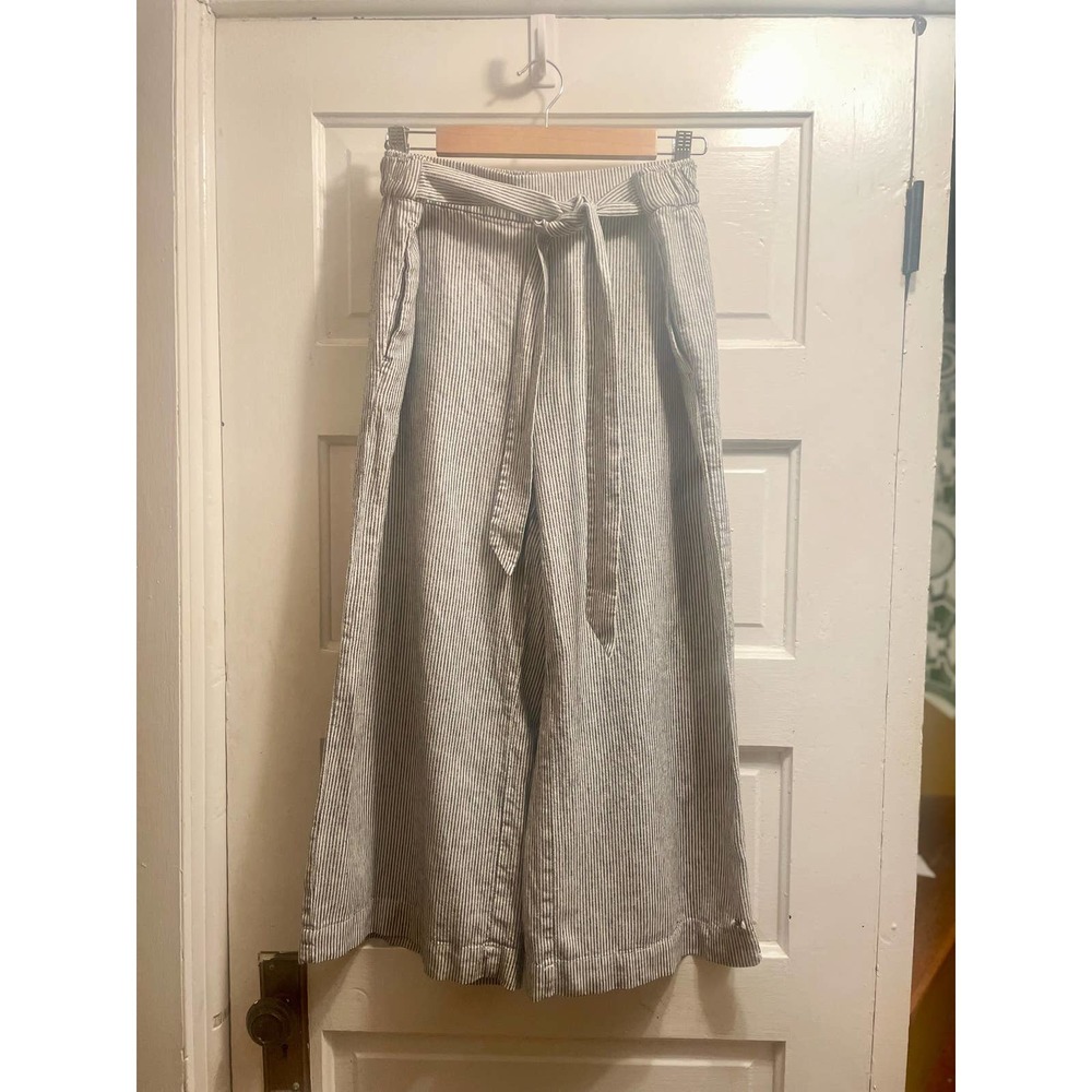 LOFT Blue/white Linen Wide Leg Crop Pant, Belt